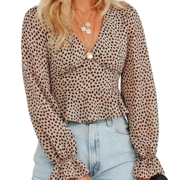 BLUSH BJ Sheer Animal Print Crop Top Long Sleeve Ruffle Cuff US Sz S - Picture 1 of 10